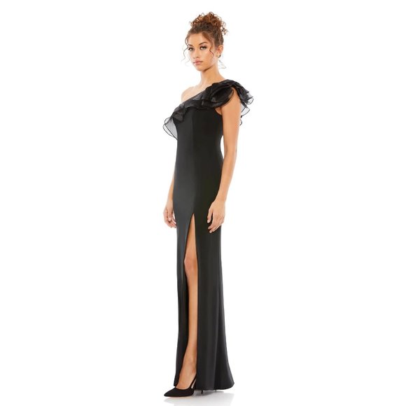 Ieena for Mac Duggal One Shoulder Ruffle Evening Gown in Black Size 10 - Picture 4 of 12